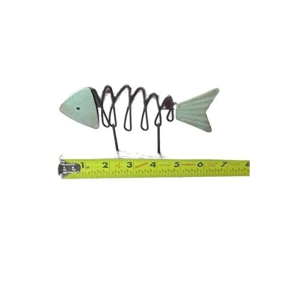 Distressed Coastal Nautical Teal Fish Metal with Wood Base Statue Sculpture